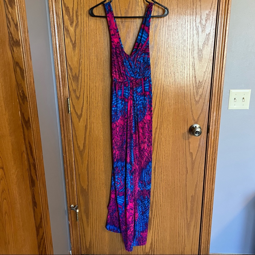 Liz Lange Blue and Pink Maternity Maxi Dress Size XS Tank Stretchy Summer Bright